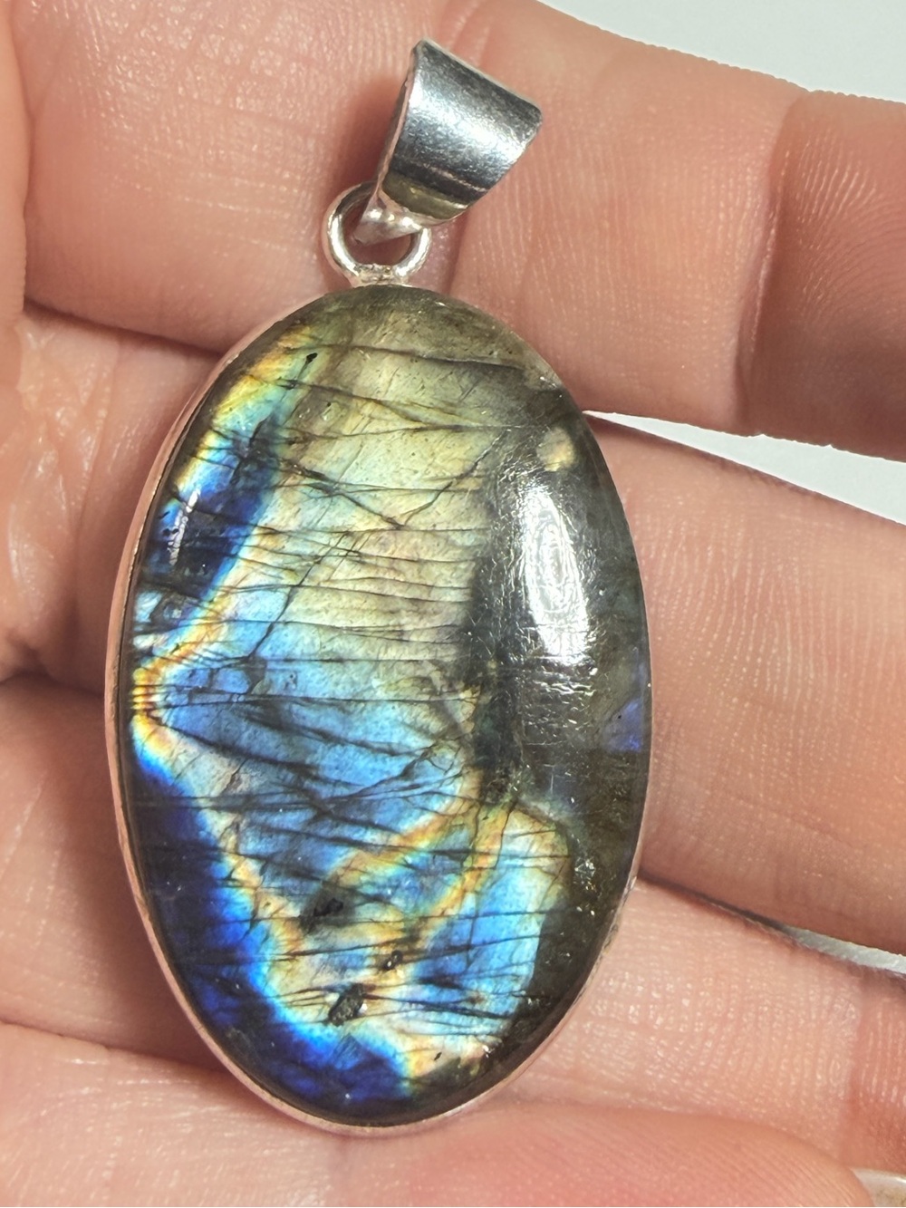 Labradorite Pendant | Blue Gold Flash | Oval | 925 Stamped Bale | 2 Inches